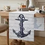 Tischläufer Grau Streifen Maritimes Nautische Thema 40 x 140 cm Tischläufer Anker Modern Bauernhaus Leinen Wohnzimmer Dekorativ Drinnen und Draußen für Esstisch Party Hochzeit
