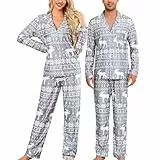 ENJOYNIGHT Weihnachtspyjama Paare Schlafanzug Weihnachten Partner Pyjama Set Langarm Knopfleiste Nachtwäsche Outfits (Medium,Damen-Graue Hirsch)