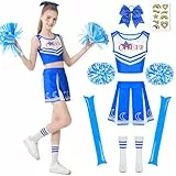 Charmofun Cheerleader Kostüm Kinder, Cheerleader Outfit Mädchen, Cheerleading Uniform Kinder mit Pompoms, Cheerleading-stäbe, Socken, Kopfschmuck, Faschingskostüme Kinder für Karneval Halloween