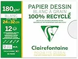 Clairefontaine 96144C - Mappe mit 12 Bögen gekörntes Zeichenpapier, 180g, 100% recyceltes Papier, DIN A4+, 24x32 cm, ideal für Kunstunterricht, 1 Mappe, Weiß