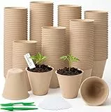 IGKYIVO 100 Stück 6cm Anzuchttöpfe, Biologisch Abbaubare Anzucht-Töpfe, Pflanztöpfe mit 100pcs Kunststoffetiketten und Umpflanzen Digging Tools, Rund Torffrei Aussaattöpfe für Pflanzen