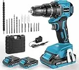 LEEIKOO Akkuschrauber 21V, Bürstenlos Akku Bohrschrauber mit 2 Akkus 2.0Ah, 45N.m Akku Bohrmaschine, 20+3 Drehmomentstufen, 10mm Bohrfutter, 2-Gang, 14PCS Zubehör Set für Garten DIY Projekt