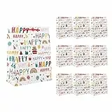 Idena 90248 - Geschenktüten Happy, 10 Stück, Geschenktaschen in der Größe 18 x 23 x 8 cm, weiße Papiertüten mit Schriftzug und Geburtstagsdeko