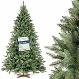 FAIRYTREES Weihnachtsbaum künstlich, Nordmanntanne Premium 220 cm, Naturgetreue Spritzguss Elemente, Made in EU, Künstlicher Weihnachtsbaum mit handgefertigtem Ständer aus Eschenholz
