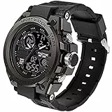findtime Herren Sport Uhren Militär Outdoor Große Armbanduhr Digital Analog Zwei Zeitzonen LED Kalender Männer Jungen Schwarz