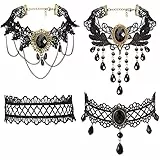 JewelryWe Schmuck 4 PCS Choker Halsband Halskette Set Schwarz Samt Stretch Vintage Gothic Quasten Tattoo Spitze Collar Choker Halsketten Ketten für Halloween Party Cosplay Damen Mädchen Geschenk