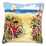 Vervaco Kreuzstich Stickpackungen Kissen Stickerei Set Anfänger Vorgedruckt Fahrrad am Strand DIY Set Kreativ Set Für Erwachseneca. 40 x 40 cm Bastelset Handwerker Haus Dekoration