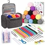 Coopay Tragbar Häkelset für Anfänger, Häkelnadel Set mit 15 Wolle, Tasche, Häkelzubehör, Ergonomische Häkelnadeln mit Weicher Griff und Metall Häkelnadel, 2,0-10 mm Praktische Häkelnadeln, Grau