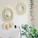 QUOTRE 2 Stück Wandbehang Dekorativer Spiegel mit Gewebten Fransen Elfenbeinweiß Boho Runder Wandspiegel für Wohnung Schlafzimmer Wohnzimmer Room Decor