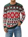 Atforna Weihnachtspullover Herren Ugly Christmas Sweater Norweger Pullover Hässlicher Christmas Jumper Festlicher Weihnachtspulli Langarm Weihnachten Strickpulli mit Schneeflocken Grün M