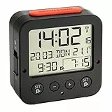 TFA Dostmann Bingo Funk-Wecker digital mit autom. Hintergrundbeleuchtung, 60.2528.01, Datum, Temperaturanzeige und Zwei Weckzeiten, schwarz/rot