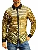 FYMNSI Herren Pailletten Langarm Hemd 70er Disco Party Kost�m Slim Fit Button Down Gl�nzend Kleid Shirts Durchsichtig Nachtclub Top Freizeithemd 80er Jahre Outfit Karneval Fasching Oberteil Gold XL