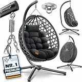 KESSER® Hängesessel mit Gestell Outdoor Indoor Schaukelstuhl Polyrattan 360° 150kg Tragkraft inkl. Polsterkissen & 2in1 Deckenhalterung + Cover – Relaxschaukel - Garten, Balkon, Terrasse, Anthrazit