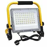LED Baustrahler 50W, 5000LM Arbeitsleuchte Strahler, LED Arbeitsleuchte mit Stecker, IP66 Wasserdicht mit 2M Kabel, 6500K, Tragbarer Faltbarer Ständer, Geeignet für Werkstatt, Baustelle, Garage