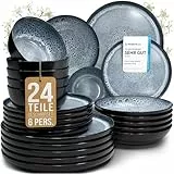 Steingut Geschirrset 6 Personen Ibiza 24 tlg. TESTSIEGER, Traumhaftes Mediterranes Steingut Geschirr Set, Schüssel- und Teller Set, Tafelservice 6 Personen, Geschirrsets Pure Living in Rauchblau