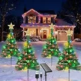 Qoosea Solar Weihnachtsbaum Beleuchtung Außen mit USB Ladung, 4 Stück Solar Christbaumbeleuchtung mit 80 LED Schneeflocken, 8 Modi Wasserdichte Solarlampen Weihnachtsdeko für Terrasse Hof Rasen