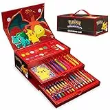 Pokemon Malkoffer Kinder Bastelset Malen Set mit Wasserfarben Filzstifte Buntstifte Wachsmalstifte Pikachu Geschenke für Kinder (Schwarz/Rot)
