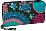 styleBREAKER Damen Geldbörse mit Buntem Blumen Blüten Mandala Muster, Ethno Style, Reißverschluss, Portemonnaie 02040040, Farbe:Schwarz-Türkis-Blau