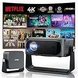 [30000 Lumen/Autofokus & Trapezkorrektur] 4K Smart Beamer mit Netflix-App & Kinoähnlichem Sound, WiFi 6＆ Bluetooth 5.3, HDR10+, intelligenter tragbarer Projektor mit schwenkbarer Heimkino Beamer