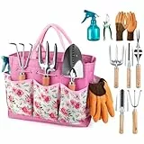 Grenebo Gartengeräte 9-teiliges robustes Garten-Handwerkzeug mit modischen und langlebigen Gartengeräten Organizer Handtasche, rostfreies Gartenwerkzeug-Set, ideales Gartengeschenk für Frauen (Rosa)