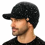 TOP-EX Dryknit Wasserdicht Beanie Mütze Herren Damen Merinowolle – Wintermütze mit Schirm & fleecegefüttert für Ski, Arbeit, Outdoor, warme Strickmütze für große Köpfe – Schwarz M/L