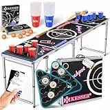 KESSER® Bier Pong Tisch Set LED mit Kartenspiel, Table Höhenverstellbar & Klappbar, Trinkspiel inkl. 100 Becher (50 Rot & 50 Blau), 6 Bälle & Regelwerk, Partyspiel, 2X Becherablagen