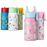 VINSUN Trinkflasche Kinder 350ml Rosa - Strohhalm Deckel, auslaufsicher, Edelstahl, BPA frei, Kohlensäure geeignet - Prinzessinnen Wasserflasche für Kindergarten, Schule, Sport