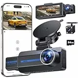 Dashcam Auto Vorne 4K, Hinten, Innen, 3-Kanal, Dash Cam Auto Kamera 3,16' IPS-Bildschirm, kostenlose 64GB Karte, Dashcam mit Parküberwachung, Super Nachtsicht, G-Sensor, Loop-Aufnahme, 5GHz WiFi, APP