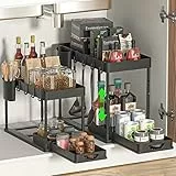 SKYSER Unter Waschbecken Regal Küche Organizer 2-stöckiger Schubladen-Organizer Anhebbares Schrank Organizer küche, mit 4 Haken, 8 rutschfeste Pads & 1 Hängebecher aufbewahrung(2 Pack,Schwarz)