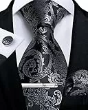 DiBanGu Herren Seide Paisley Krawatte Set Schwarz und Grau Krawatte für Herren Einstecktuch Manschettenknöpfe Krawattenklammer Set Formelle Geschäftsfeier