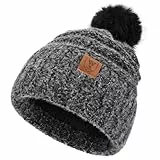 OZERO Damen Wintermütze Haube Strickmütze: Bommelmütze Thermo Fleece Gefütterte Beanie Mütze Wollmützen Mit Kunstfell Pudelmütze Winterkappe (Schwarz)