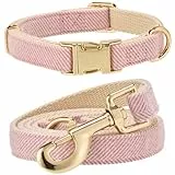 YUDOTE Hundehalsband und Leine Set Klein, Weiche Reizfreie natürlicher Baumwolle mit Twillgewebe für Hund mit empfindlicher Haut, Zartrosa‌