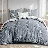 RUIKASI Bettwäsche 135x200 Zweige 4teilig - Grau Bettbezug 135 x 200, Mikrofaser Bettwäsche-Sets mit 2 Kissenbezügen 80x80cm Reißverschluss, Weich und Bügelfrei
