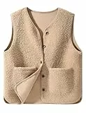 CMTOP Weste Damen Teddy Fleece Weste Kurz Herbst Winter Ärmellos Damen-Westen Einfarbig V-Ausschnitt Westen Bequem Wärme Fleeceweste Casual Plüschweste mit Taschen(Khaki, L)