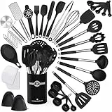 Terlulu Küchenhelfer Set, 34-teiliges Silikon Kochutensilien Kochbesteck Set, Hitzebeständiger Kochgeschirr mit Utensilienhalter, Antihaft Kochset Küchenutensilien mit Edelstahlgriff