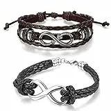 Aroncent 2PCS Lederarmband für Herren und Damen, Zirkonia Edelstahl Lieben Infinity Zeichen, Gefolochten Wickel Armreif Armschmuck, Schwarz Braun
