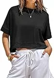 Fisoew Damen T-Shirt Kurzarm Crop Tops Sommer Rundhals Oversize Oberteile Fitness Sport Shirts Bauchfrei Einfarbig Basic top Schwarz M