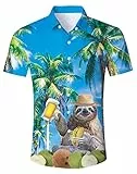 Hawaiihemd Herren Funky Faultier Bier Hawaii Hemd Button Down Lustig Hemd Bunt Männer Kurzarm Aloha Sommerhemd Freizeithemd für Strandurlaub Blau L