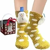 BINXWA lustige geschenke für frauen socken, Schneemann Flauschige socken, Antirutschsocken damen Weihnachtsgeschenke für Frauen, Kuschelsocken Damen kleinigkeiten für adventskalender mit Geschenk Box
