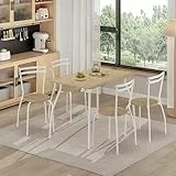 FURNITABLE Essgruppe 5-teilig,Esszimmergruppe Rechteckig Esstisch mit 4 Stühlen Set, Küchentisch-Set, Wohnzimmertisch Holztisch, Bistro-Set Sitzgruppe platzsparend, Weiß-Natur