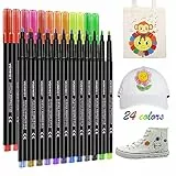 VORHOT 24 Textilstifte Waschmaschinenfest, 3mm Leuchtend Stoffmalfarben Waschfest, Permanent Textilfarbe Stoffmalstifte Textilmarker, DIY Bemalen Stoffstifte für T-Shirt Hut Stoffbeutel Basteln