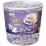 Milka Schokoladentäfelchen, NAPS Mix, Alpenmilch/Haselnuss/Crème au Cacao/Erdbeer, Klarsichtdose, 218 x 4,6 g (1 kg)