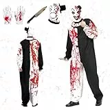 Shinybox Halloween Kostüm Herren Horror Clown, Terrifier Kostüm, Schwarz Weiß Jumpsuit mit Blutig Plastik Spielzeugmesser und Blutbefleckte Handschuhe, Terrifier Clown Cosplay Halloween Karneval(M)