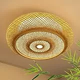 AOEH Deckenleuchte Bambus Deckenlampe LED Holzlamp Fernbedienung Dimmbar Bambus Handgewebte Natürlicher 40W Retro Deckenlampe Rattan,Rund Decke Bambuslampen Für Schlafzimmer Wohnzimmer Flur,40cm
