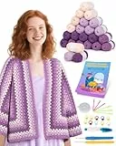 Aeelike Granny Square Strickjacke Häkelset für Anfänger, Häkelnadel Set mit Häkelnadeln 3,5mm 4,0mm, Häkelgarn, Zubehör, Häkel Set mit Schritt-für-Schritt-Anleitung