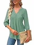 Damen Bluse Elegant V-Ausschnitt 3/4 Ärmel T-Shirts Oberteile Lässige Tunika Kurzarm Shirt Blusen Casual Solide Tops Longshirt für Sommer Hemdbluse Hellgrün XL