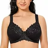 Ayigedu Damen Bügel-BH mit voller Abdeckung, Push-Up, Spitze, Blumenmuster, Übergröße, nicht gepolstert, bequemer BH für jeden Tag, Schwarz , 115C