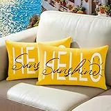 Lewondr wasserdichte Outdoor Kissenbezüge, 2 Stück 50×30cm Kissenbezüge mit Druckmuster Hello Sunshine, Sommergarten Dekorative Kissenbezüge für Terrassensofa, Balkoncouch, Verandabank, Gelb