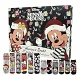 United Labels Disney Minnie Mouse Adventskalender mit 12 Paar Socken für Damen, Größe 35-41, Kalender mit Sneaker und langen Socken, Weihnachtskalender Geschenk