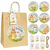 BOFUNX 6 Stück Ostern Geschenktüten mit Griffen und Aufkleber Ostern Kraftpapiertüten Geschenktasche Ostertüten zum Befüllen für Kinder Geschenkverpackung Ostereiersuche Partyzubehör